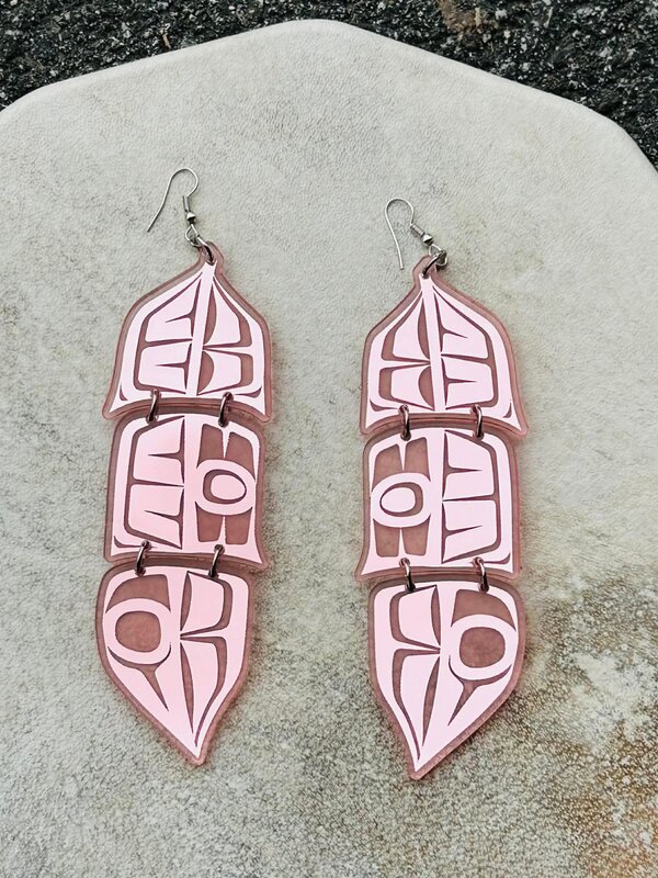 Light Pink 5" Mirror design feather earrings - Design by Andromeda Reece
