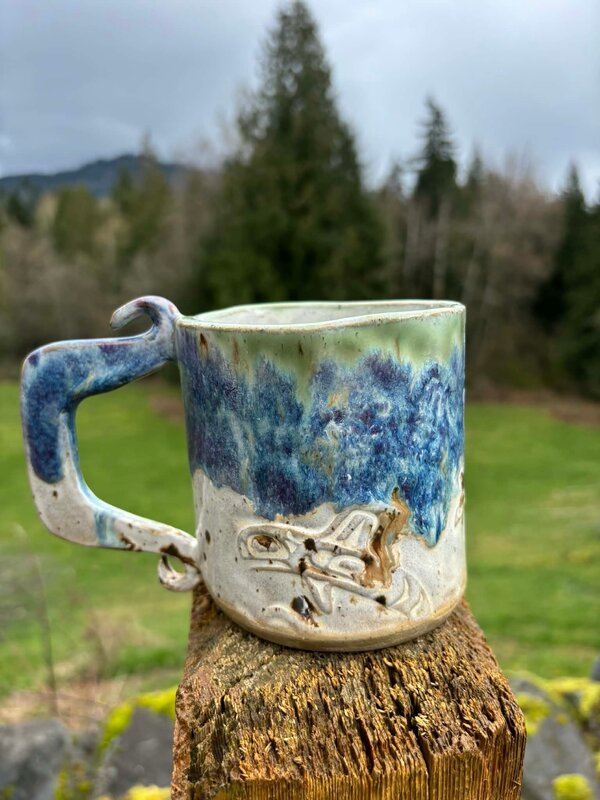 Pottery by Cynthia Robinson - 14 oz Mug with Whale stamp blue/white