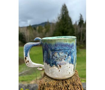 Pottery by Cynthia Robinson - 14 oz Mug with Salmon stamp blue/white