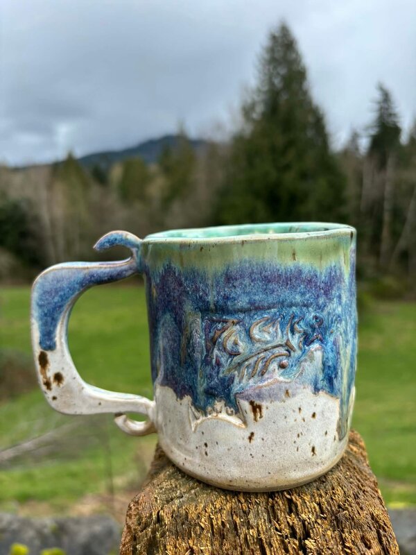 Pottery by Cynthia Robinson - 14 oz Mug with Salmon stamp blue/white