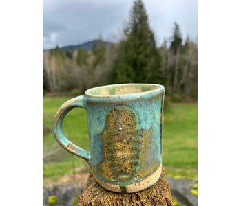 Pottery by Cynthia Robinson - 14 oz Mug with Salmon Bones stamp blue/white