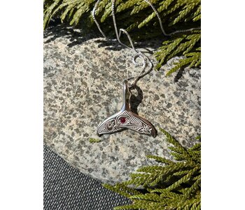 Hand Carved Silver Whale Tail Pendant w Hummingbird & Ruby Gem by Richard Lang