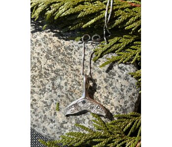 Hand Carved Silver Whale Tail Pendant w Orca & Aqua Gem by Richard Lang