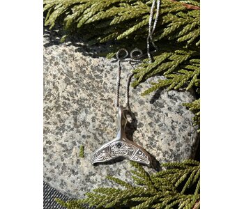 Hand Carved Silver Whale Tail Pendant w Eagle & Emerald Gem by Richard Lang