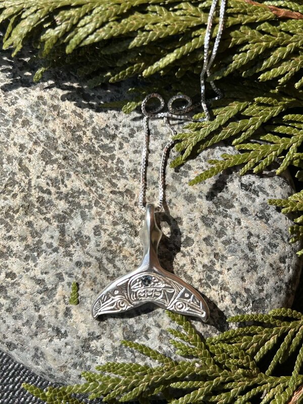 Hand Carved Silver Whale Tail Pendant w Eagle & Emerald Gem by Richard Lang