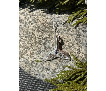 Hand Carved Silver Whale Tail Pendant w Bear Saphire Gem by Richard Lang