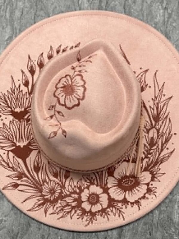 Felt Hat with design burn by Stacey Smith - Flowers light pink with heart shape top