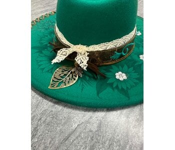 Felt Hat with design burn by Stacey Smith -Flowers rustic green