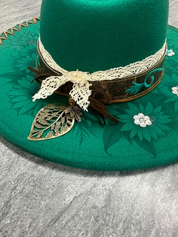 Felt Hat with design burn by Stacey Smith -Flowers rustic green