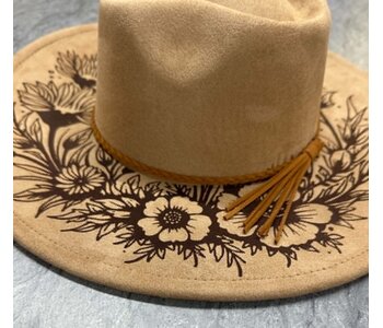 Felt Hat with design burn by Stacey Smith - Flowers tan
