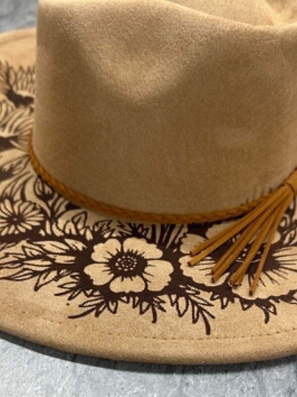 Felt Hat with design burn by Stacey Smith - Flowers tan