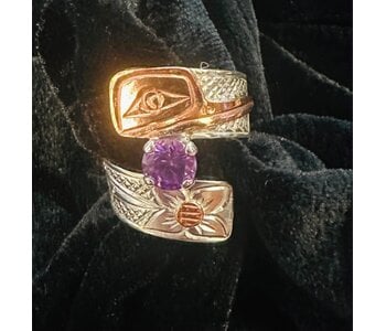 Hand Carved Wrap Ring with Copper Hummingbird with stone s6 by Richard Lang