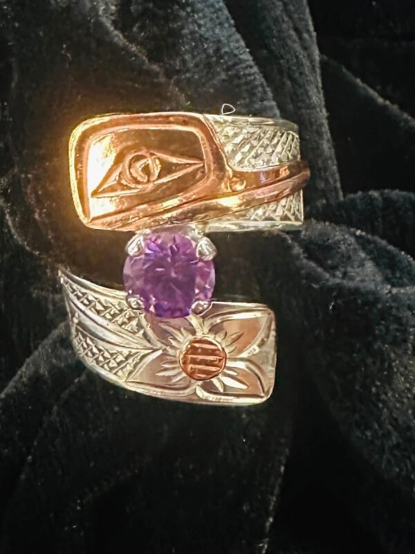 Hand Carved Wrap Ring with Copper Hummingbird with stone s6 by Richard Lang