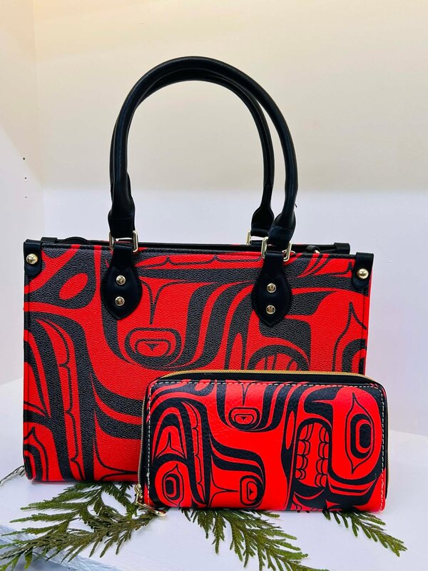 Purse & Wallet Set - Red & Black with Wolf Design by Josh Davidson