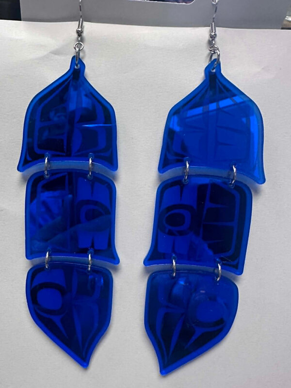 Blue 5" Mirror design feather earrings - Design by Andromeda Reece