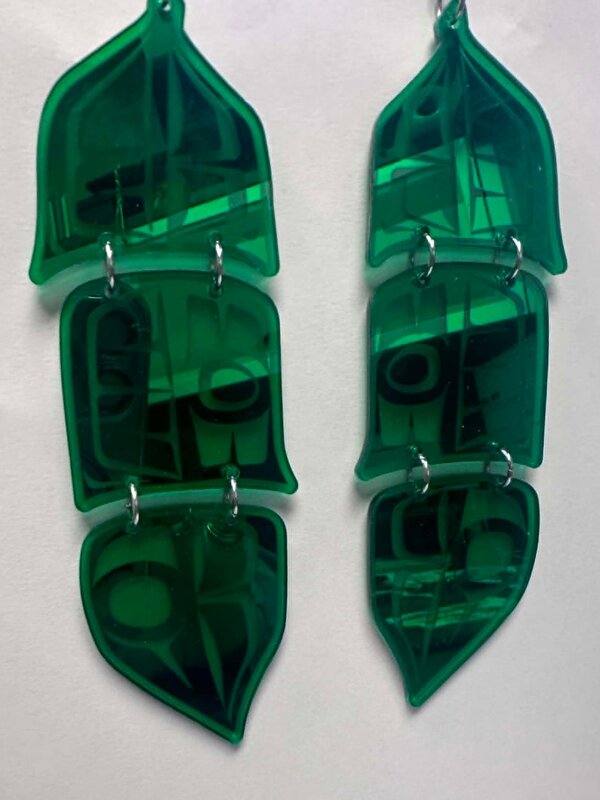 Green  5" Mirror design feather earrings - Design by Andromeda Reece
