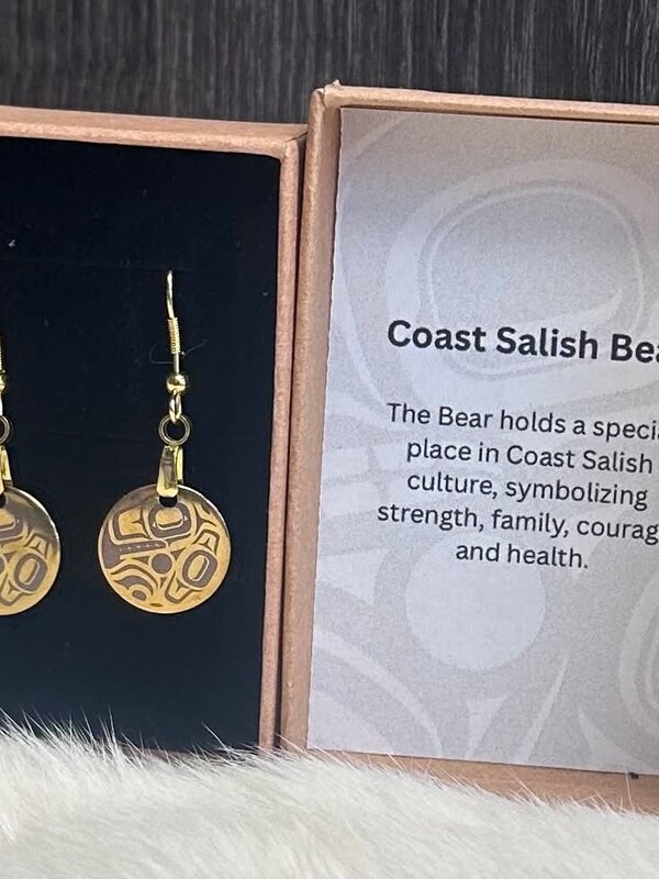 Gold Tone Coast Salish Bear  1.25" Earrings by Raven Wolden