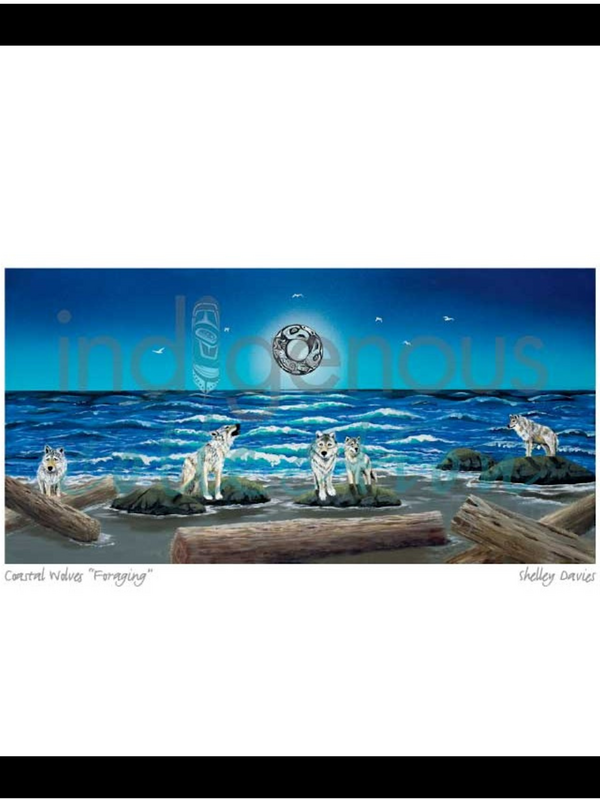 Framed & Matted Art Card Coastal Wolves " Foraging" by Shelley Davies