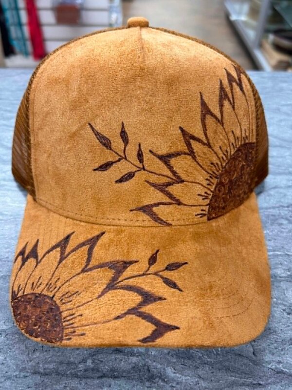 Ball cap with Burnt design Sunflower (1) by Stacey Smith (brown)