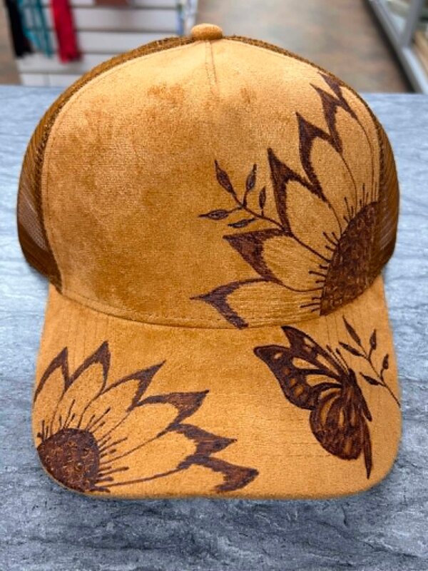 Ball cap with Burnt design butterfly by Stacey Smith (brown) side view
