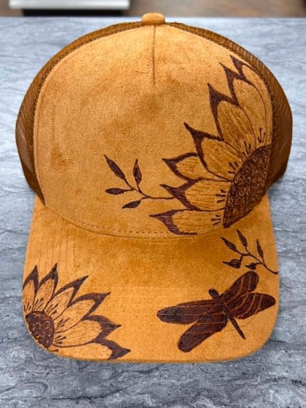 Ball cap with Burnt design Dragonfly by Stacey Smith (brown)