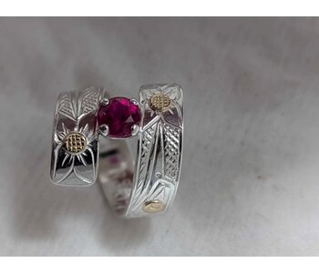 Hand Carved Silver Wrap Ring with Dual Hummingbird lab made Ruby with gold s8 by Richard Lang
