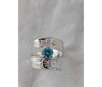 Hand Carved Wrap ring Raven Gold eye with Aqua Marine s 7.5 by Richii's Arts