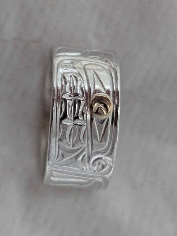 Hand Carved Silver Solid ring  Bear with Gold Eye s 9 by Richard Lang