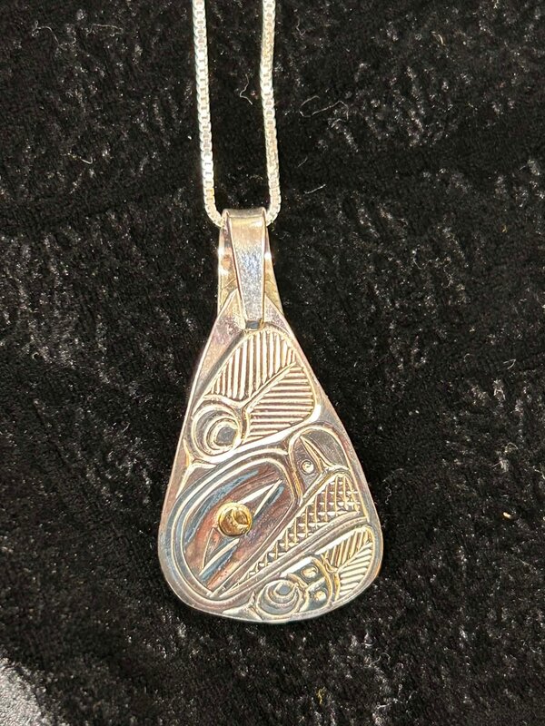 Hand Carved Silver Eagle Pendant w Gold Eye by Richard Lang