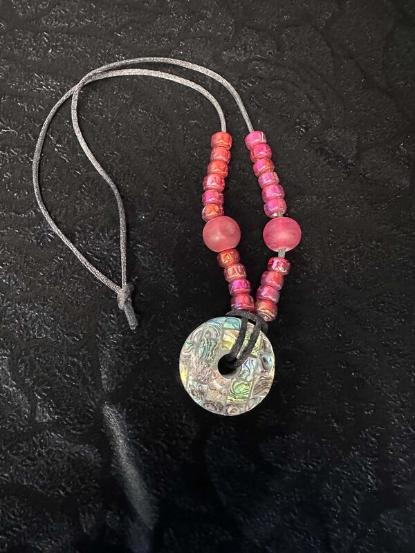 Red Beaded Necklace with abalone embelishment by Johnathan Whonnock