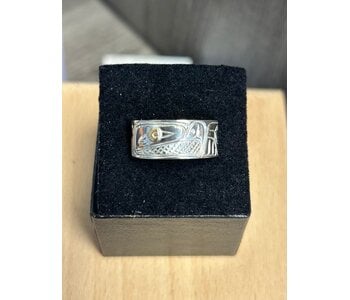 Silver Carved Ring by Richard Lang - Eagle with Gold Eye Size 7
