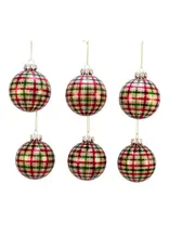 Kurt S. Adler Red Green Plaid Glass Ball Ornaments Box of 6