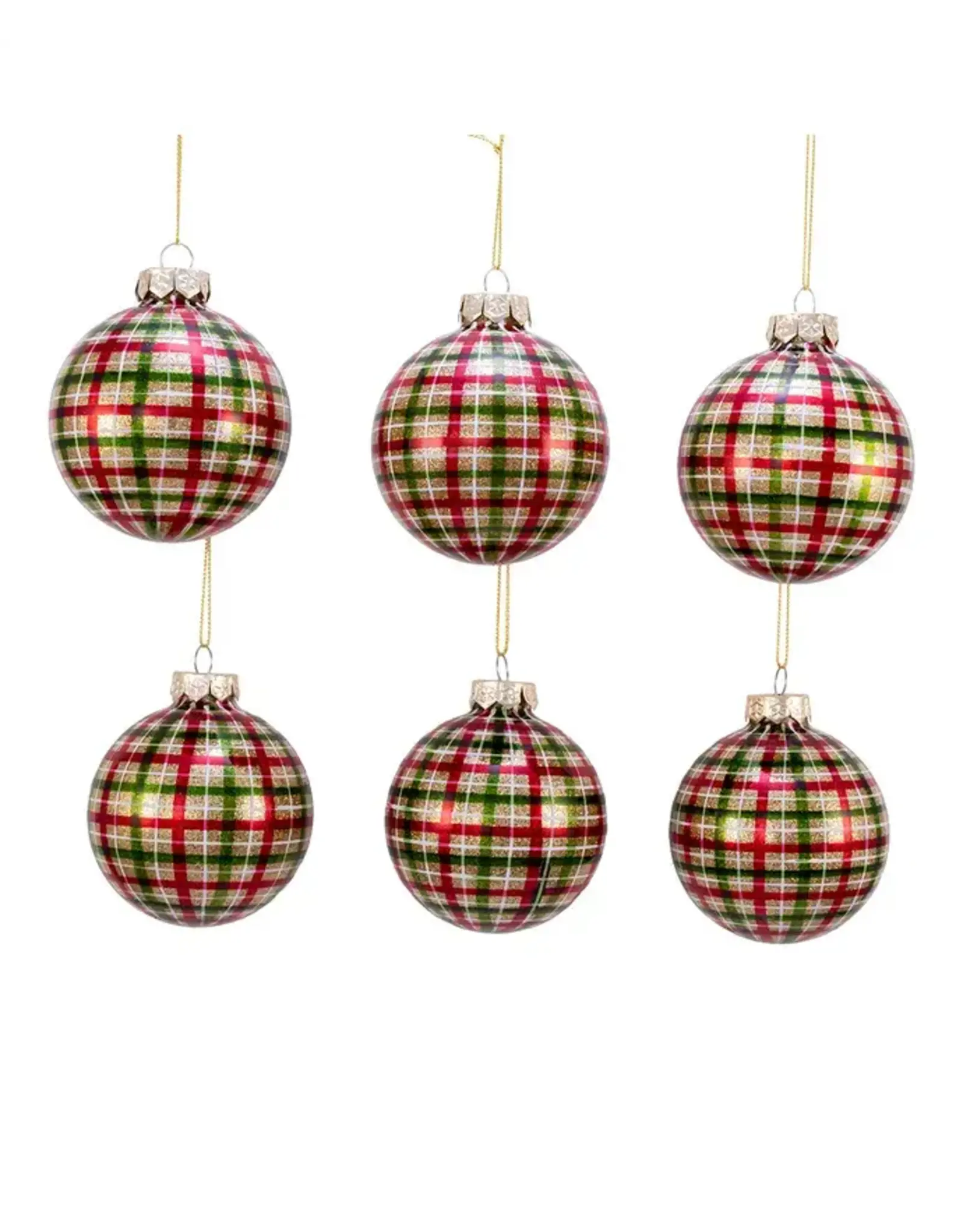 Kurt S. Adler Red Green Plaid Glass Ball Ornaments Box of 6