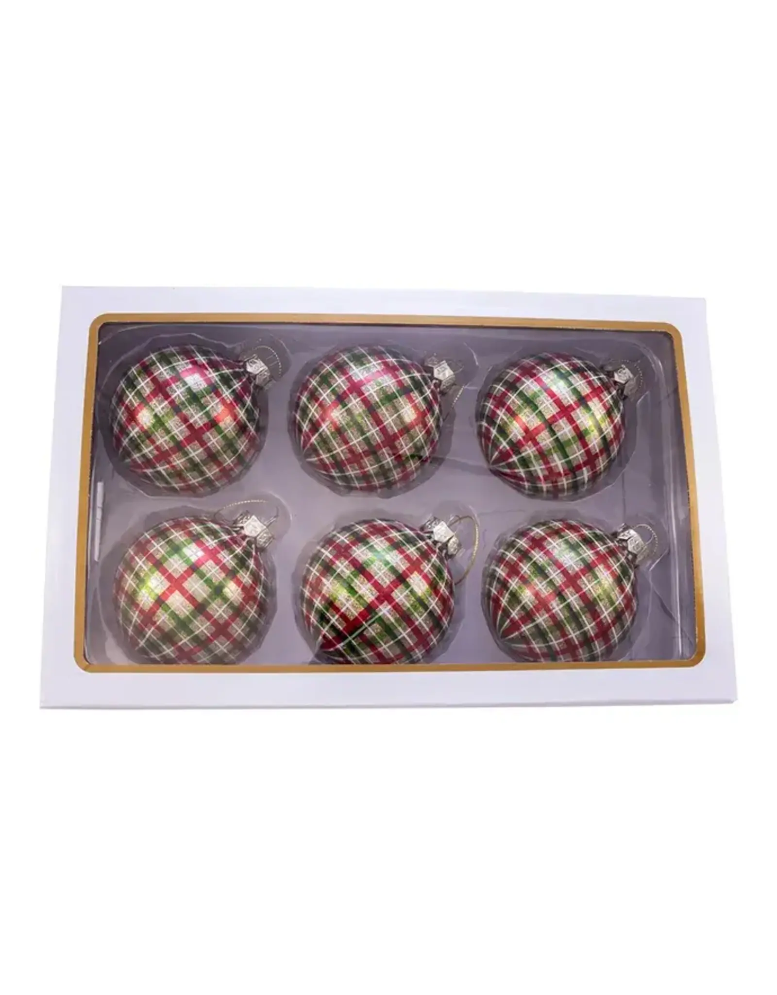 Kurt S. Adler Red Green Plaid Glass Ball Ornaments Box of 6