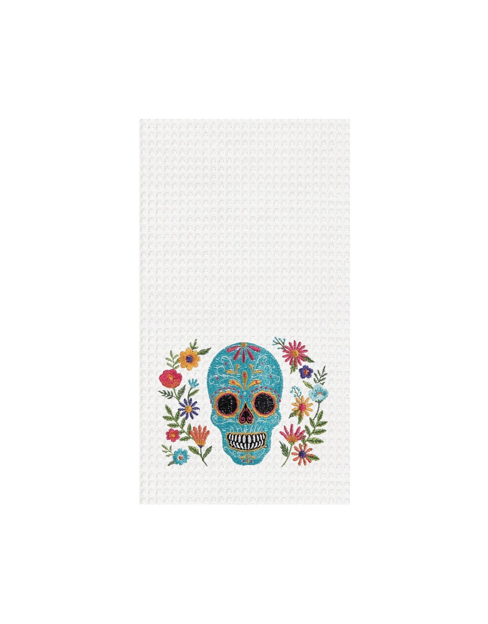 C&F/Gallerie II Aqua Sugar Skull & Flowers Waffle Kitchen Towel