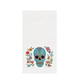 C&F/Gallerie II Aqua Sugar Skull & Flowers Waffle Kitchen Towel