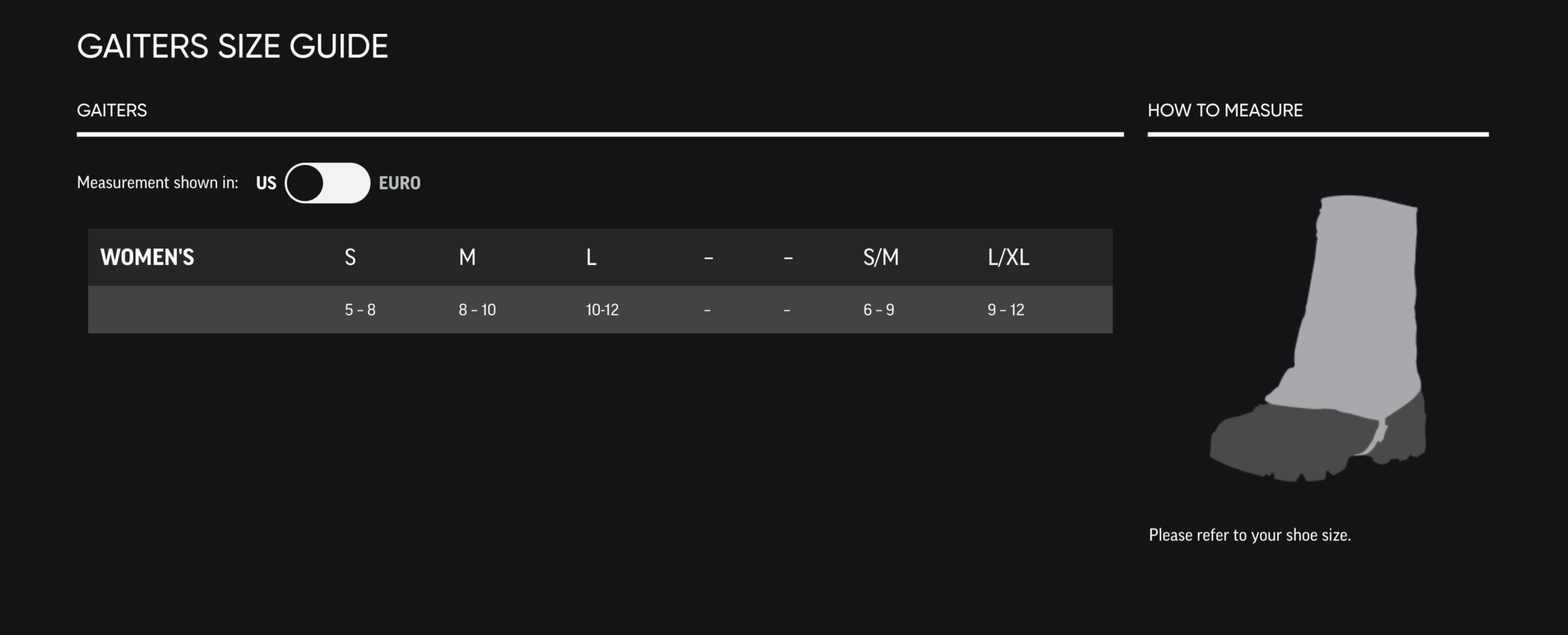 Women's Gaiter Sizing