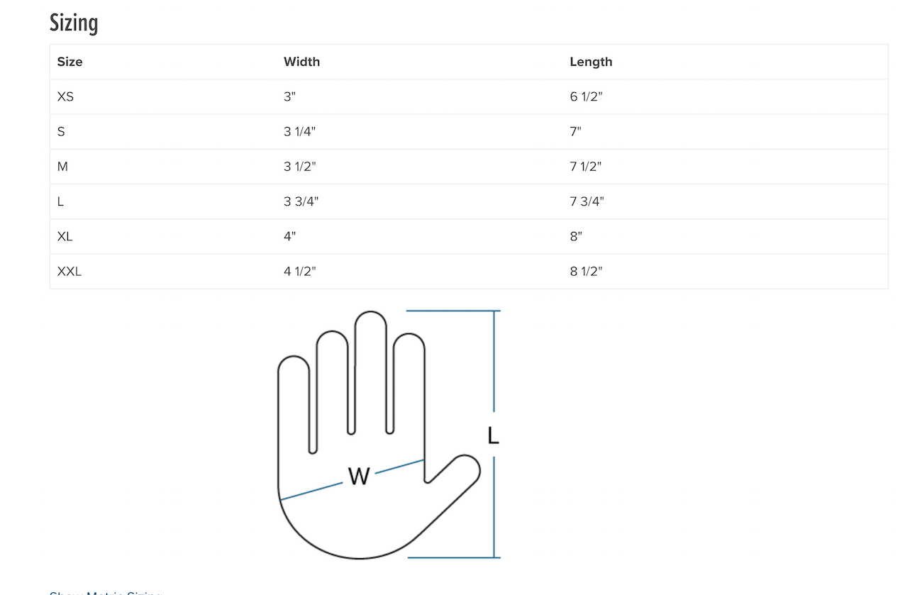 NRS Cove Glove Size Chart