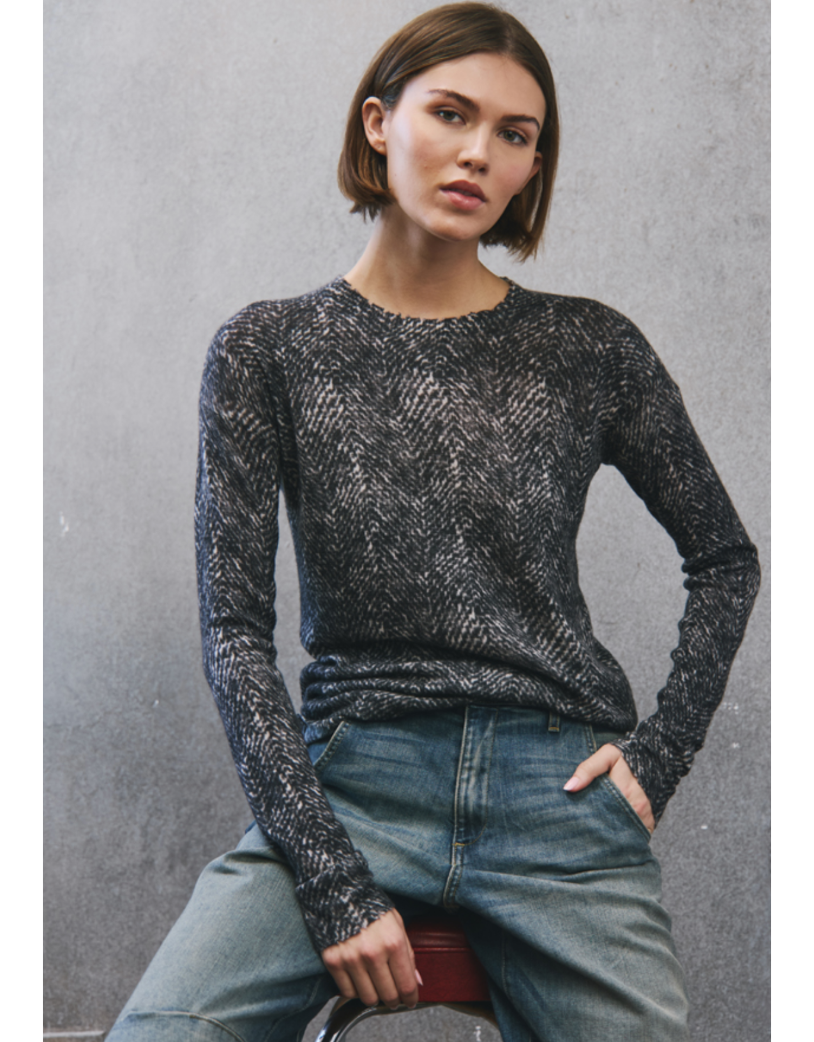 AUTUMN CASHMERE AUTUMN CASHMERE:: HERRINGBONE PRINT RAW EDGE CREW