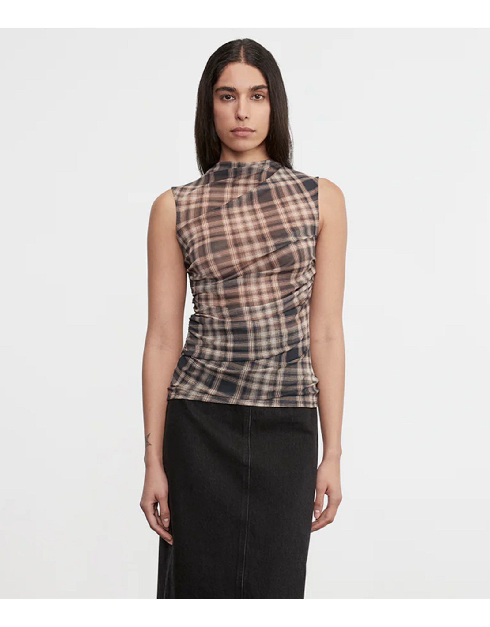 ENZA COSTA ENZA COSTA:: PLAID MESH SLEEVELESS TWIST TOP