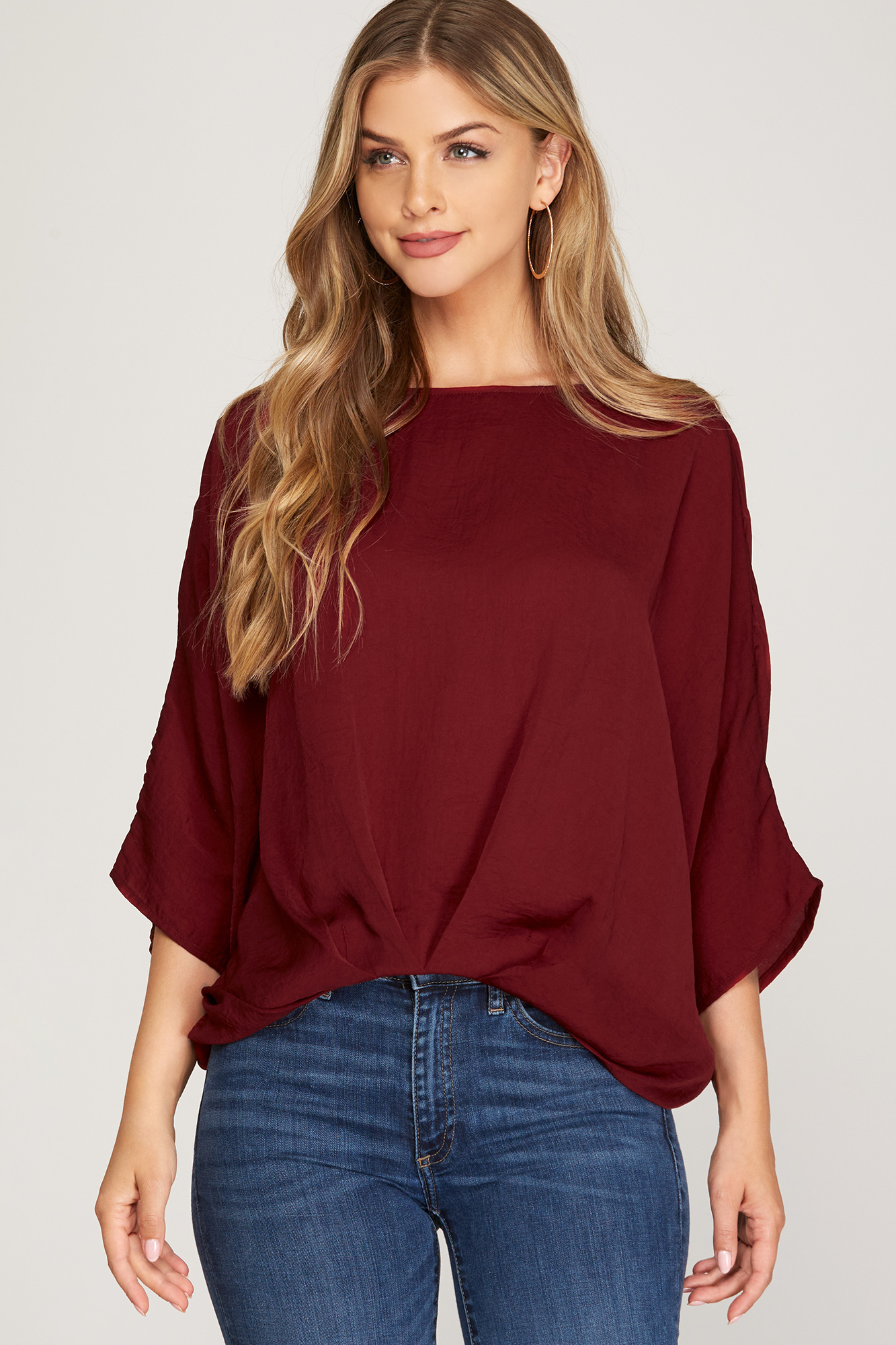 She & Sky 3/4 Batwing Slv Pleated Top