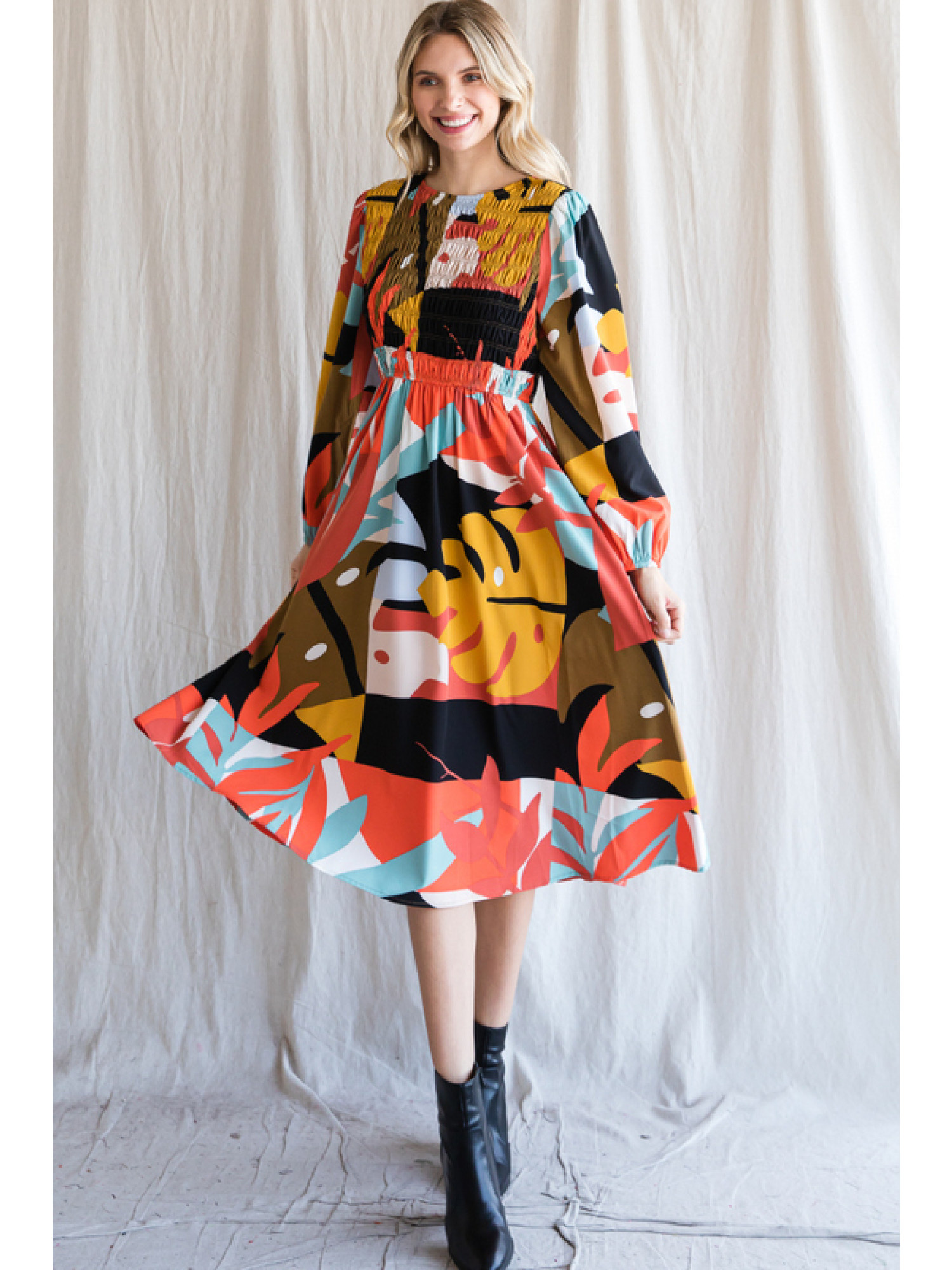 Smocked LS Leafy Print Midi Dress