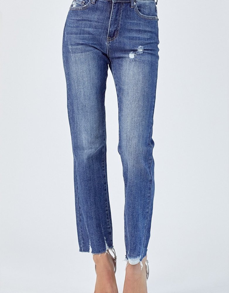 High Rise Raw Hem Straight Leg