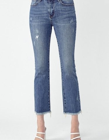 Mid Rise Raw Hem Straight Jeans