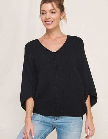 Allie Rose Soft Elbow Sleeve Mixed Texture V-Neck Dolman Sweater