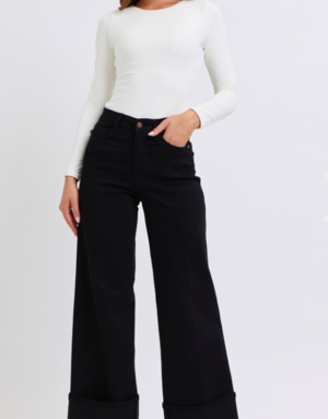 High Waist Retro Cuff Wide Leg