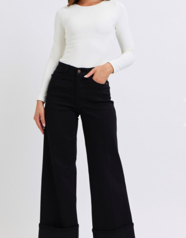High Waist Retro Cuff Wide Leg