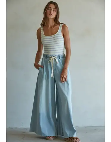 Denim Drawstring Waist Band Wide Leg