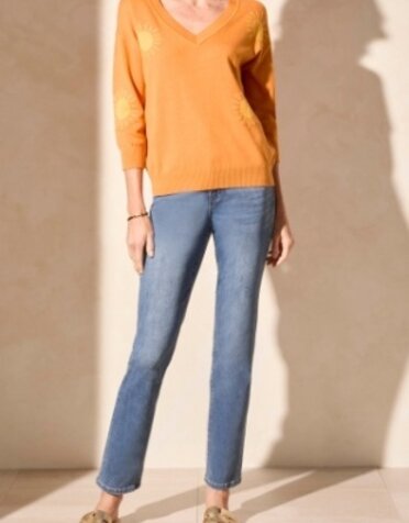 3/4 Slv Vneck Jacquard Sweater