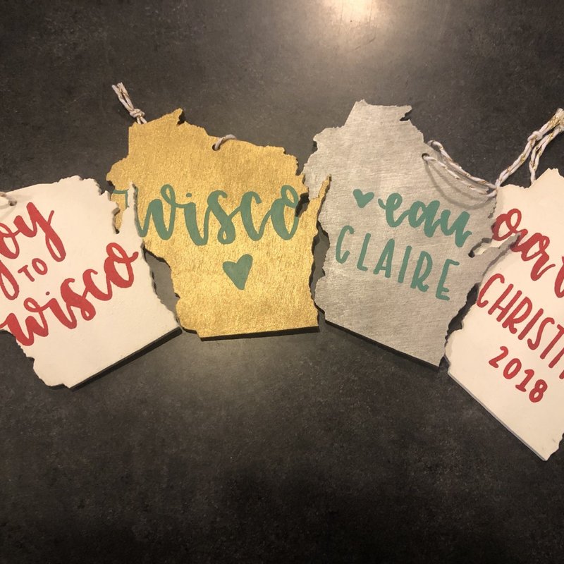 Jenna Krosch Wisconsin Wood Shaped Ornament (Assorted Colors/Words)